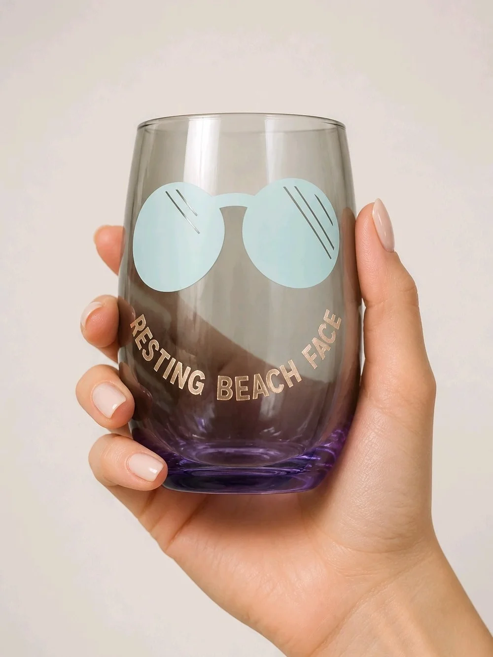 Blush Purple Stemless Wine Glasses w/Mint & Pink Beach Designs (Set of 2) #674